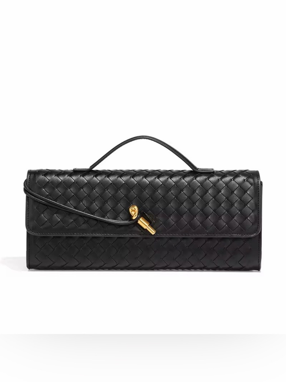 Woven Leather Top-Handle Clutch in Black with Gold Accent